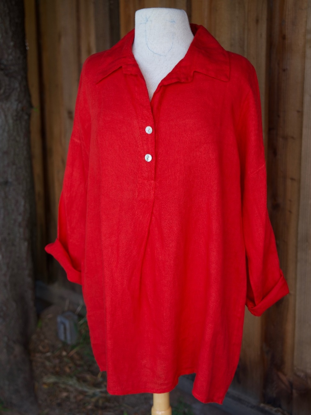 100% Linen Fire Red Long Sleeve Polo Blouse Made In Italy Woman's XL